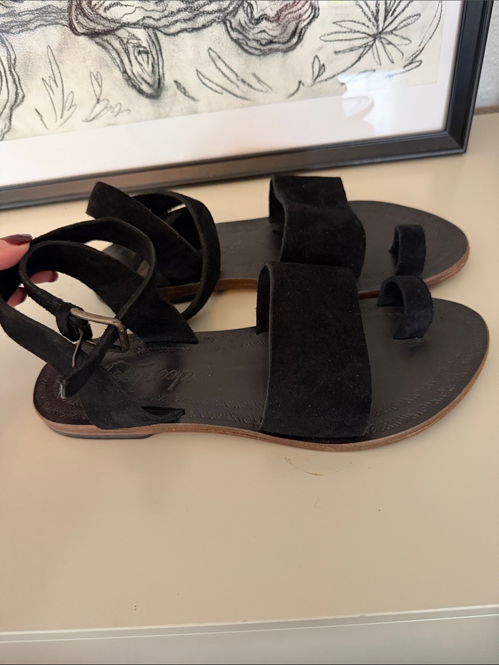 Free People Black Suede Strappy Flat Sandals